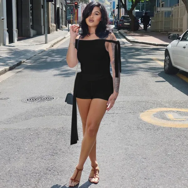 Design Asymmetrical One-Shoulder Top and Wrap Shorts Set Black - 5