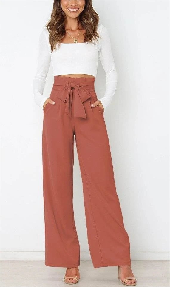 Design High-Waisted Tie-Front Wide-Leg Pants Terracotta