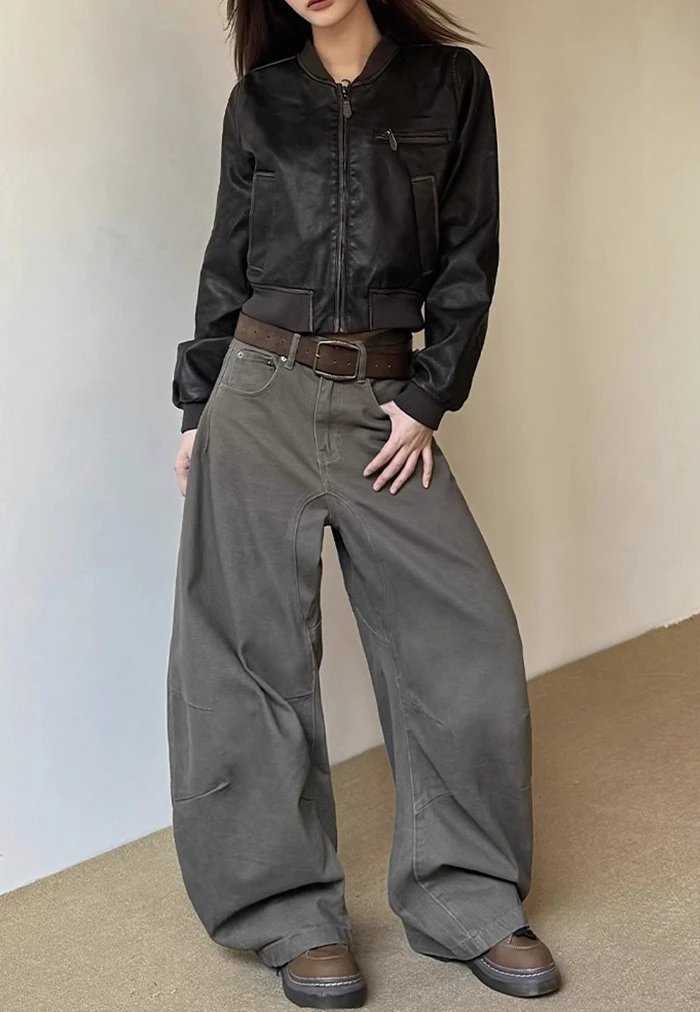Design Cropped Leather Jacket Black + Wide-Leg Cargo Pants Olive Green + Chunky Loafers Brown - 7