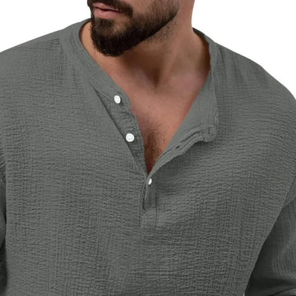Design Linen-Blend Henley Set Beige Casual Set - 28