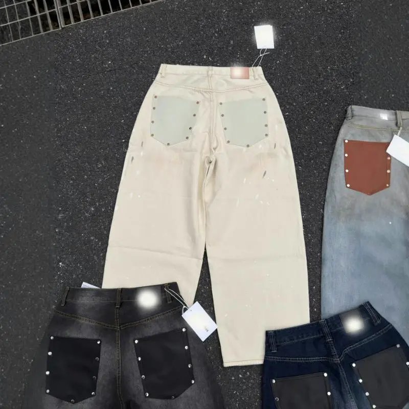 Studded Pocket Wide Leg Denim Jeans