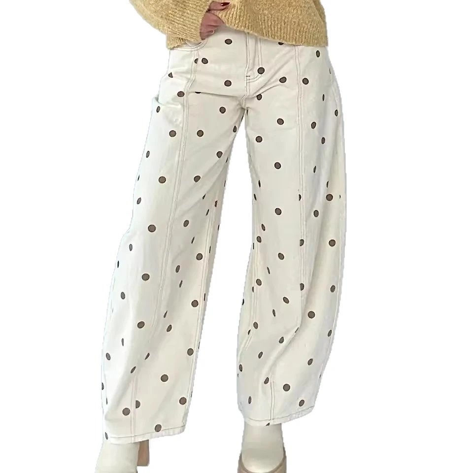Polka Dot Wide Leg Pants White Pink Casual Trousers