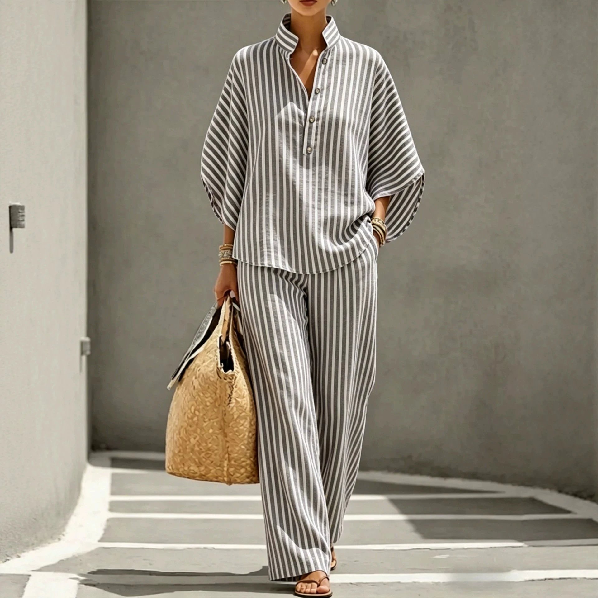 Striped Linen-Blend Shirt and Wide-Leg Pants Set Gray