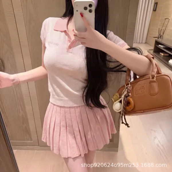 Miu Miu Knit Polo Top and Pleated Skirt Set Pink - 1
