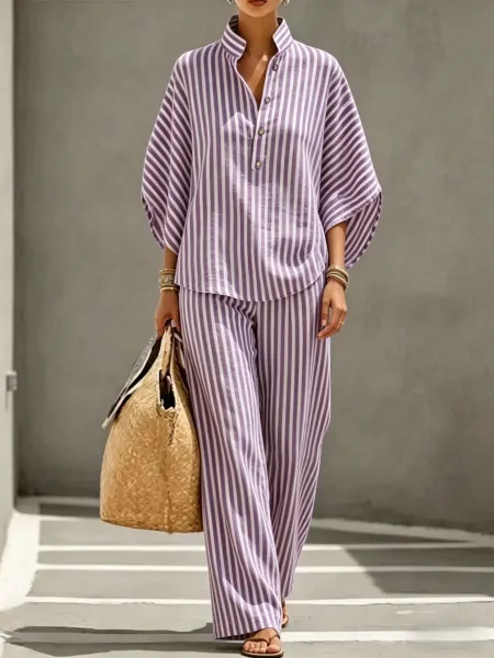 Design Striped Linen-Blend Shirt and Wide-Leg Pants Set Pink and White - 8