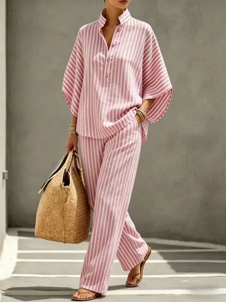 Design Striped Linen-Blend Shirt and Wide-Leg Pants Set Pink and White - 10
