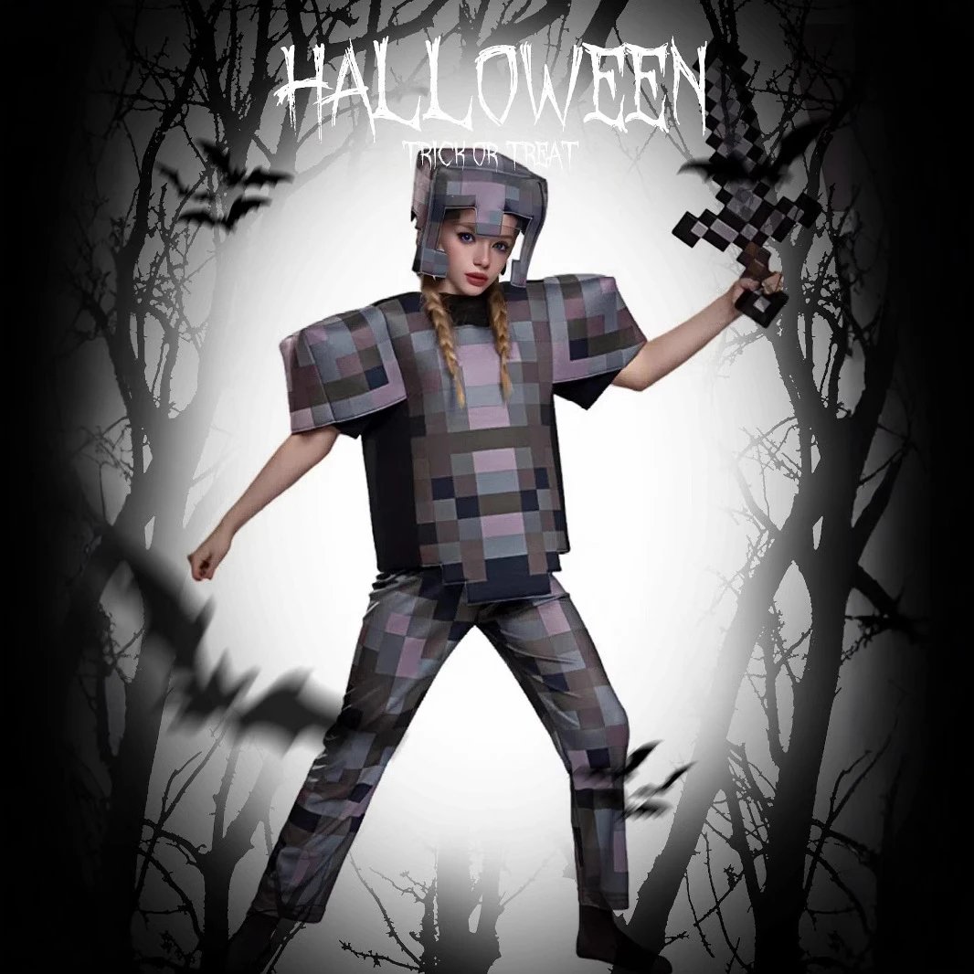 Minecraft Pixelated Armor Gray Purple Block Style Costume