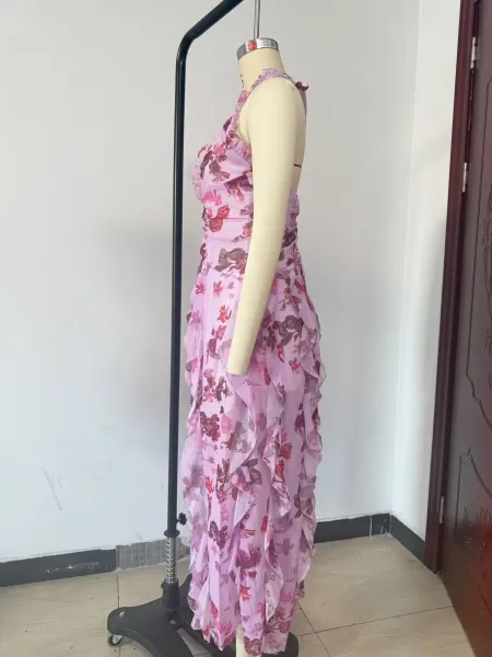 Design Floral Ruffle Halter Gown Lilac Pink Dress - 5