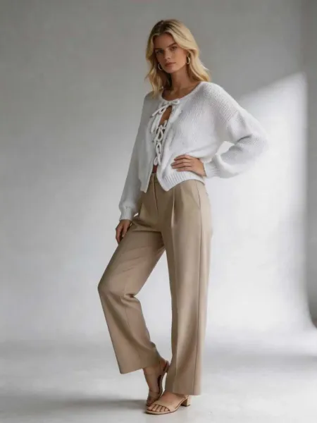 Design Lace-Up Knit Cardigan White + Beige Wide-Leg Pants Set - 2