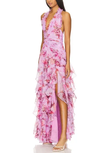 Design Floral Ruffle Halter Gown Lilac Pink Dress - 11