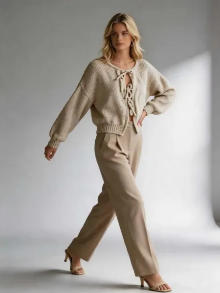 Design Lace-Up Knit Cardigan White + Beige Wide-Leg Pants Set - 14