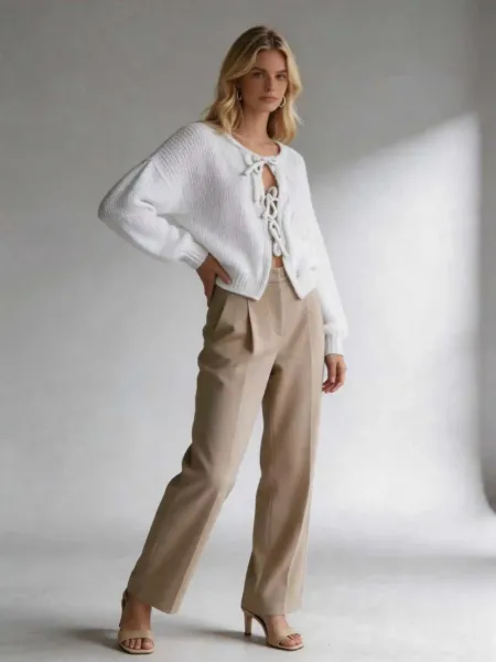 Design Lace-Up Knit Cardigan White + Beige Wide-Leg Pants Set - 17