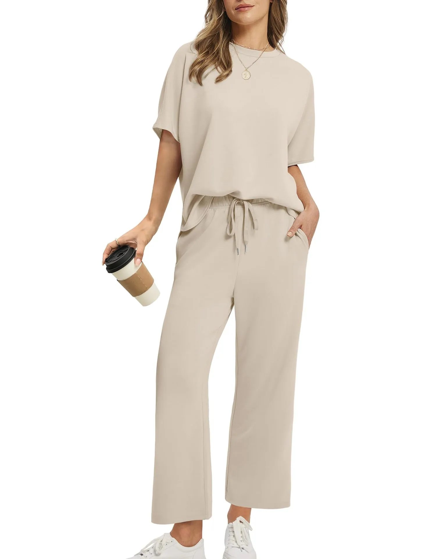 Design Relaxed Fit Cropped T-Shirt and Wide-Leg Pants Set Olive - 4
