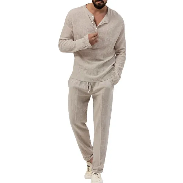 Design Linen-Blend Henley Set Beige Casual Set - 31