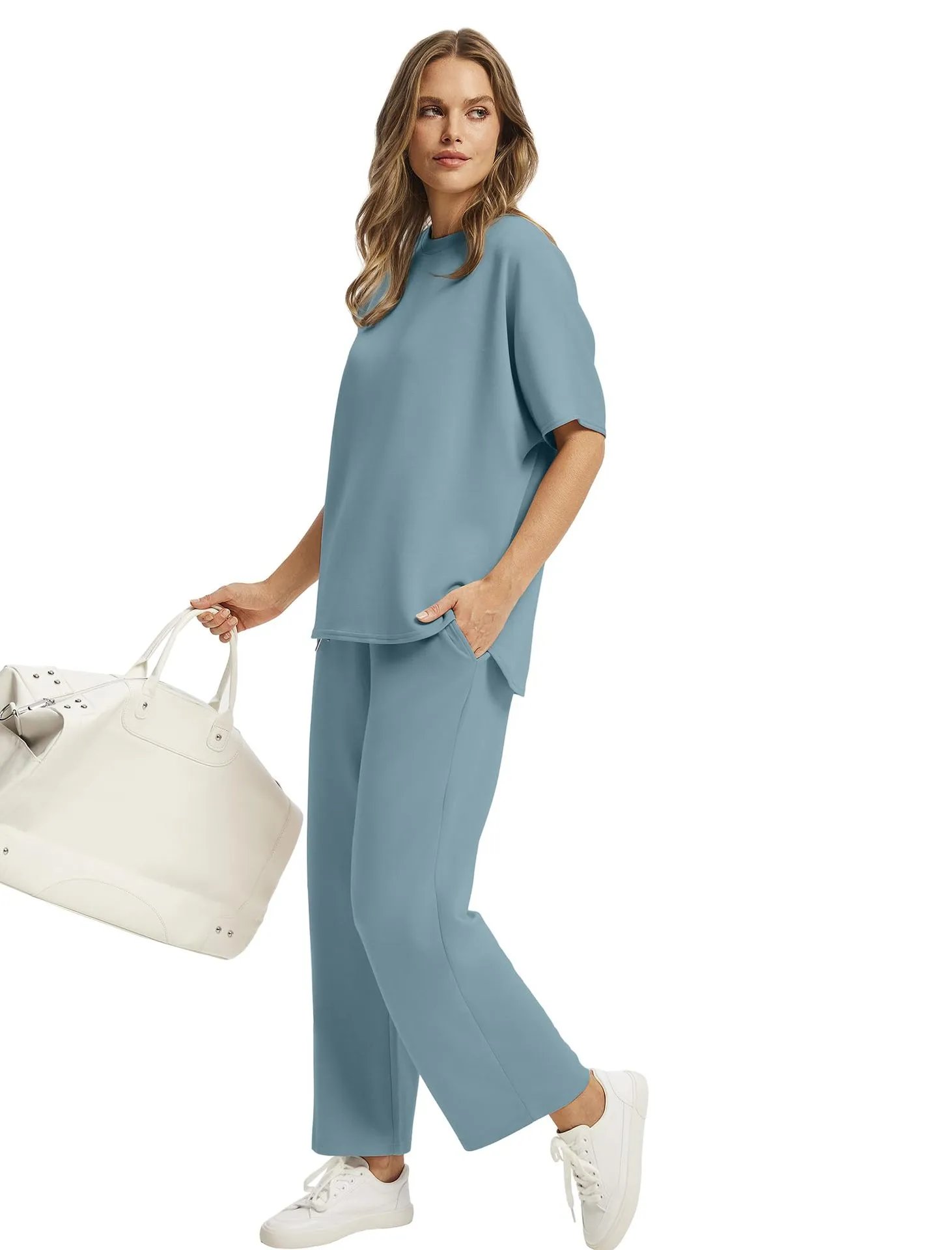 Design Relaxed Fit Cropped T-Shirt and Wide-Leg Pants Set Olive - 32