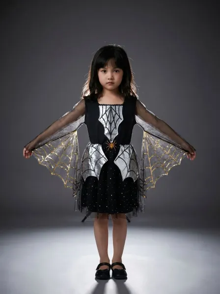 Design Batwing Spiderweb Costume Dress Black Silver Gold Kids Dress - 12