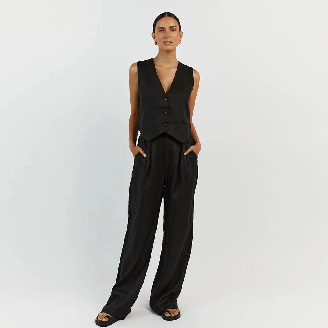 Design Beige Tailored Vest and Wide-Leg Pants Set Sets - 10
