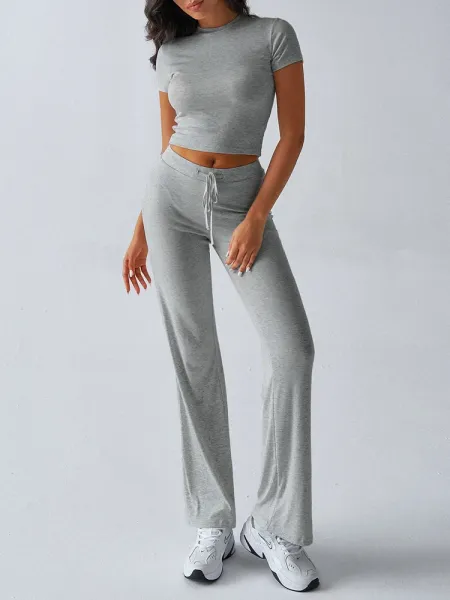 Design Cropped Tee and Wide-Leg Joggers Set Navy Blue - 11