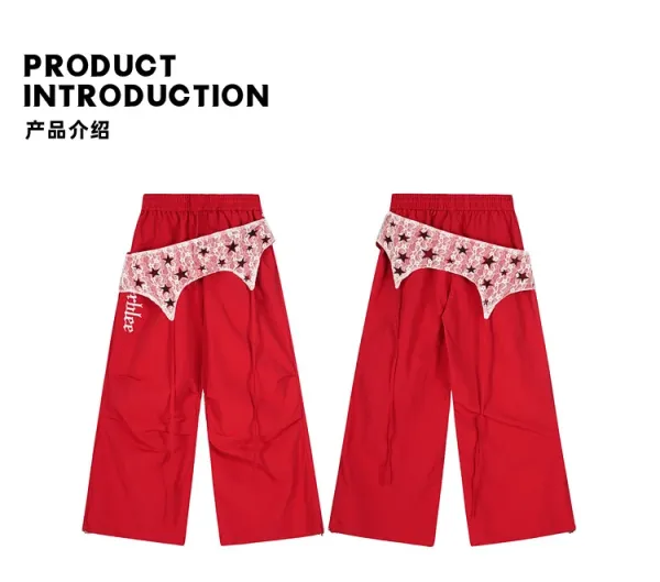 Design Lace-Overlay Wide-Leg Pants Red - 2