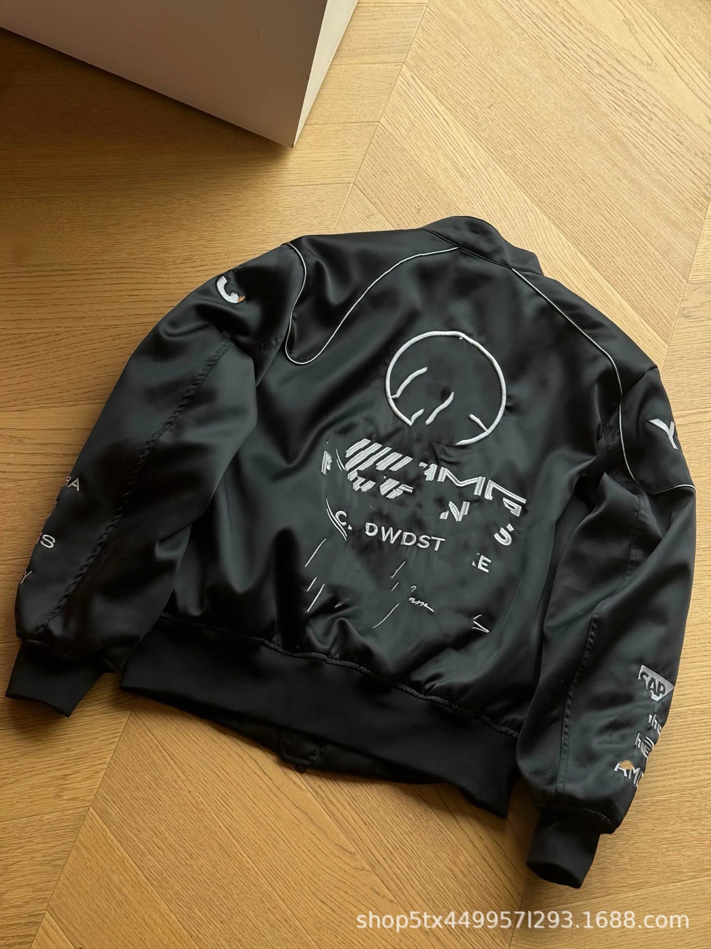 Design Satin Bomber Jacket with Abstract Text Print Black Outerwear - 5