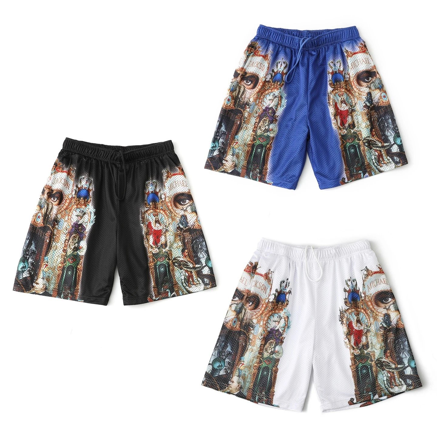 Art Print Mesh Shorts Blue White Black Graphic Streetwear