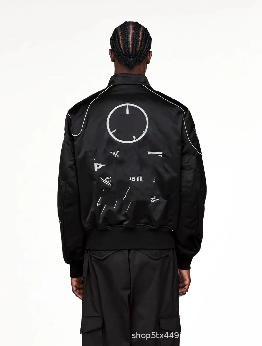 Design Satin Bomber Jacket with Abstract Text Print Black Outerwear - 8