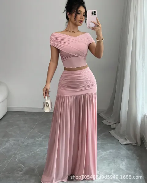 Design Off-Shoulder Draped Crop Top and Pleated Maxi Skirt Set Beige - 10