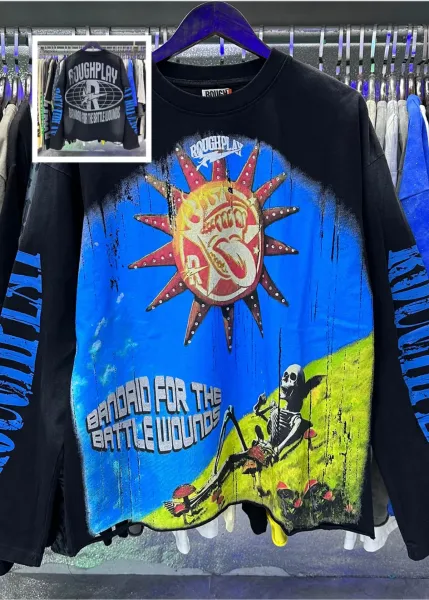 Design Roughplay Bandaid For The Battle Wounds Graphic Long-Sleeve T-Shirt Black T-Shirts - 1