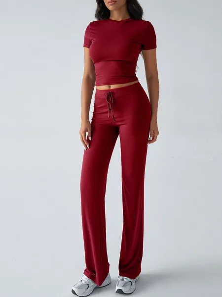 Design Cropped Tee and Wide-Leg Joggers Set Navy Blue - 25