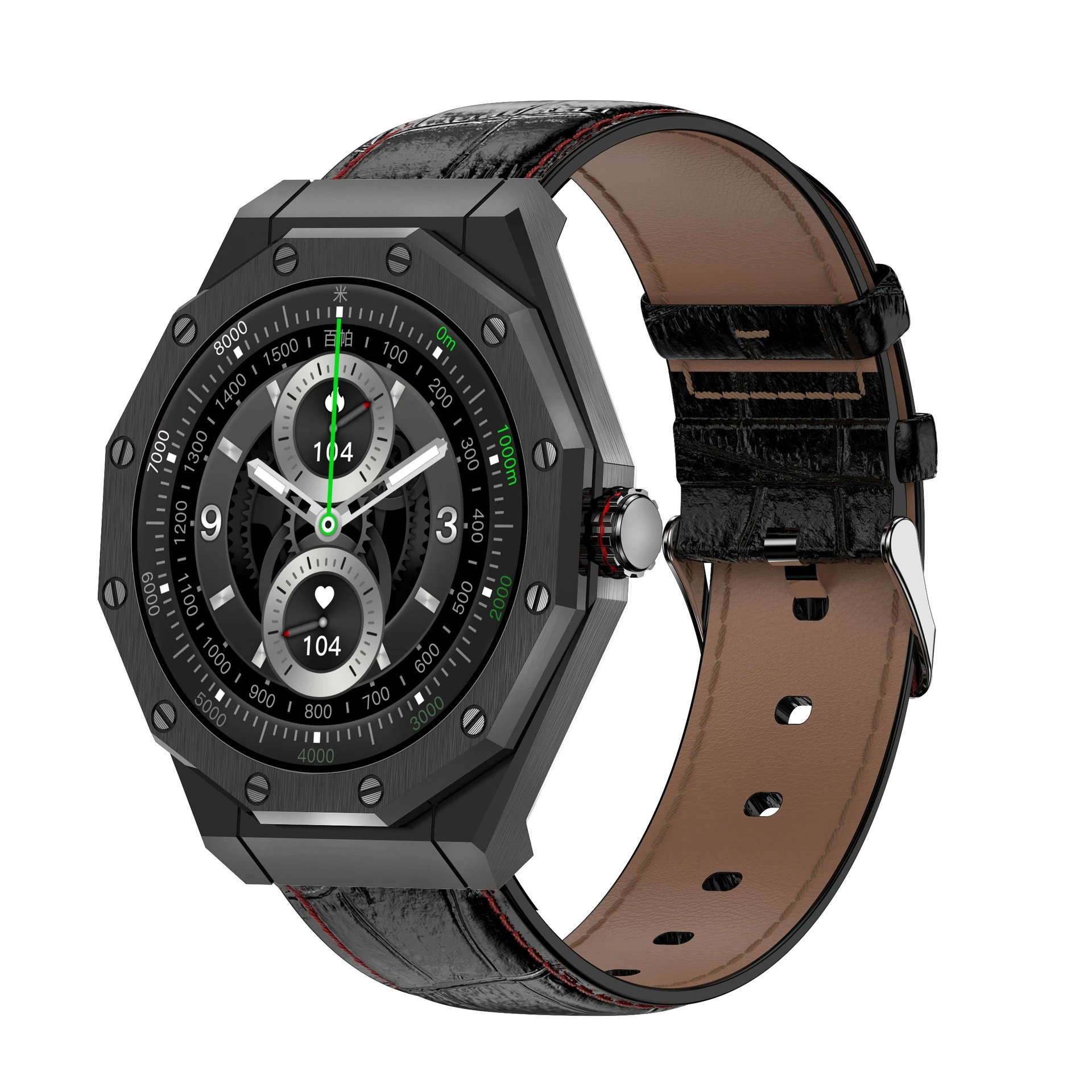Design Octagonal Smartwatch Black and Brown Leather Strap Smartwatch