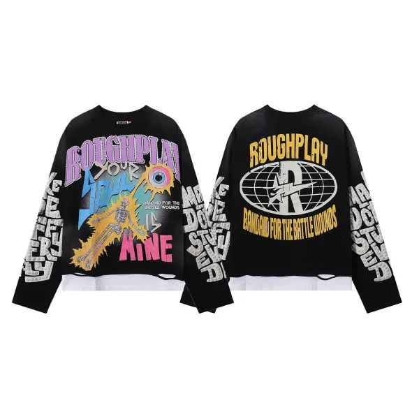 Design Roughplay Bandaid For The Battle Wounds Graphic Long-Sleeve Cropped Top Black Tops - 1