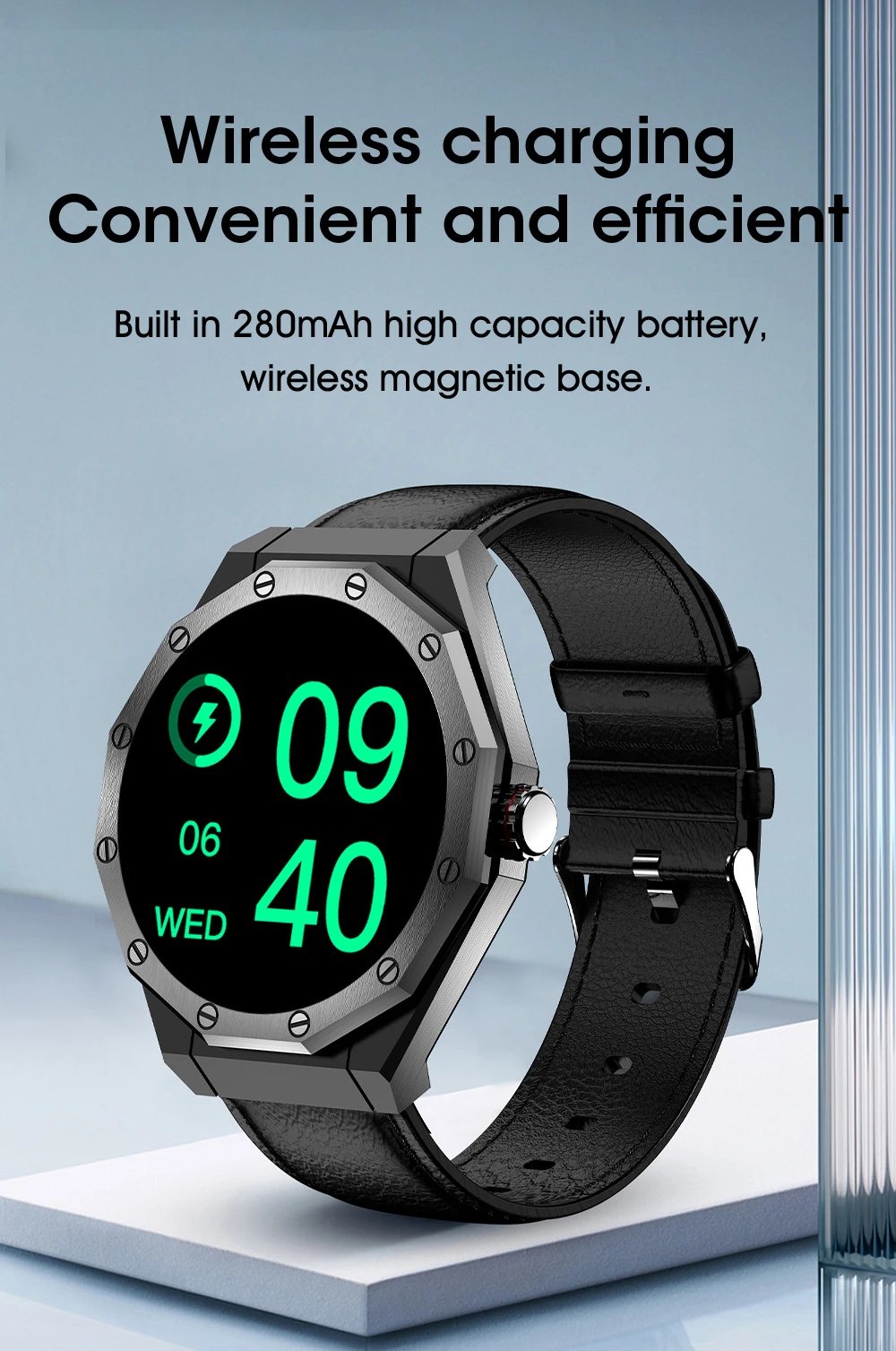Design Octagonal Smartwatch Black and Brown Leather Strap Smartwatch - 14