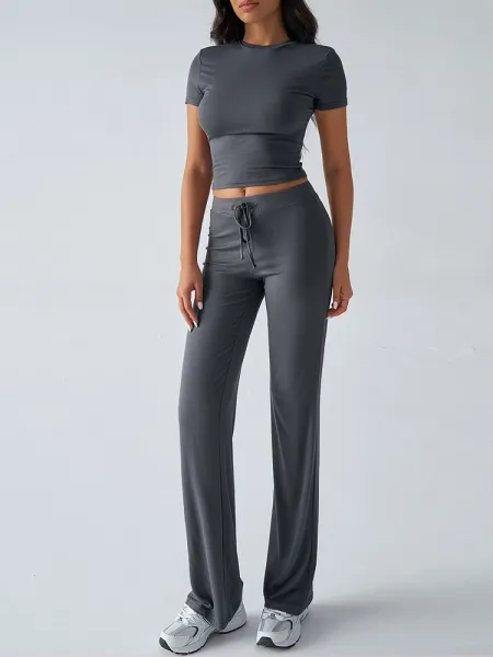 Design Cropped Tee and Wide-Leg Joggers Set Navy Blue - 49