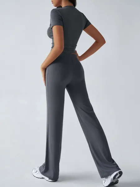 Design Cropped Tee and Wide-Leg Joggers Set Navy Blue - 50