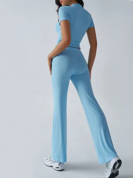 Design Cropped Tee and Wide-Leg Joggers Set Navy Blue - 61