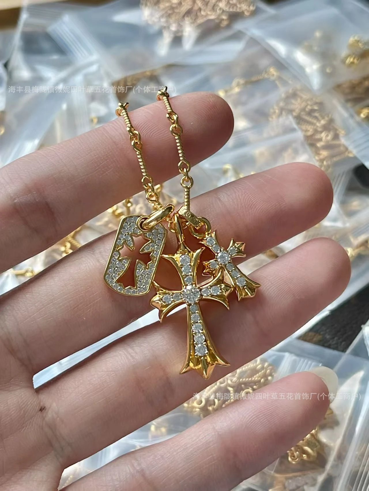Chrome Hearts Cross Pendant Necklace Gold with Cubic Zirconia Jewelry