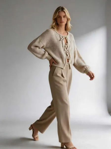 Design Lace-Up Knit Cardigan White + Beige Wide-Leg Pants Set - 8