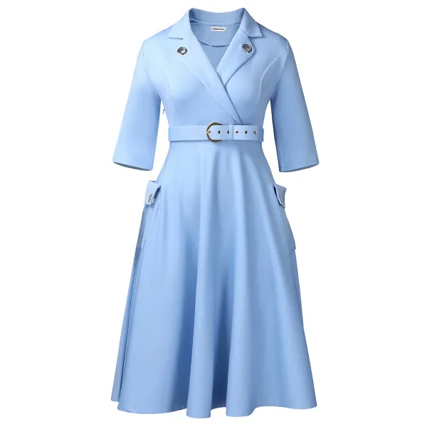 Design Trench-Style Wrap Dress in Navy with Belt - 43
