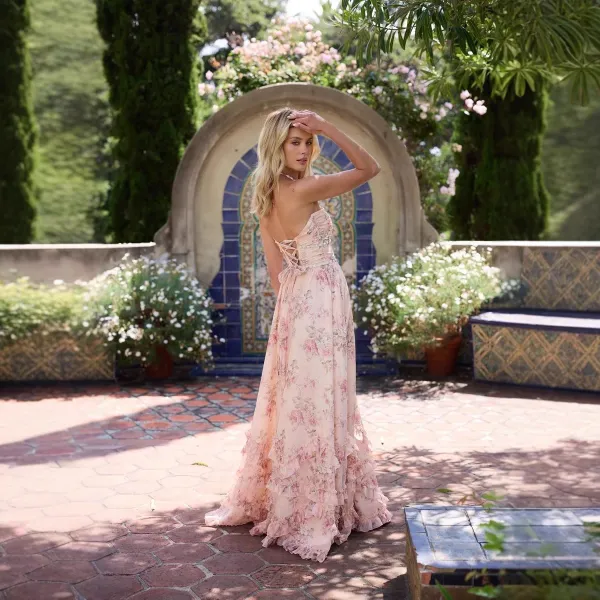 Design Floral Ruffle Maxi Dress with High Slit and Pearl Embellishment - 12
