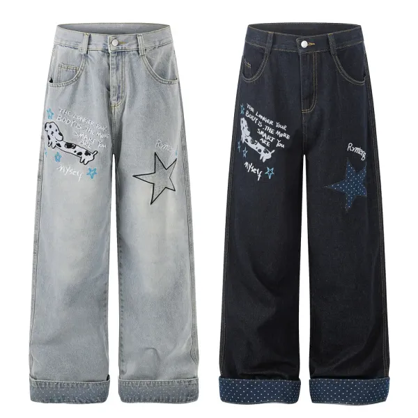 Design Wide-Leg Distressed Denim Jeans with Graphic Print Light Blue Jeans - 2