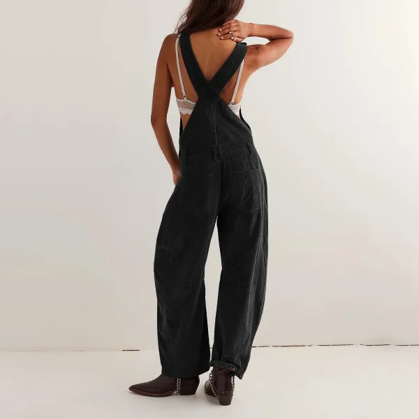 Design Black Corduroy Wide-Leg Overalls Pants - 15