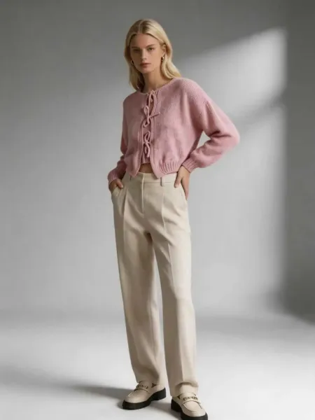 Design Lace-Up Knit Cardigan White + Beige Wide-Leg Pants Set - 15