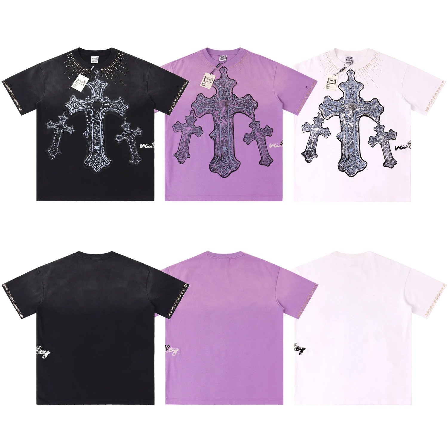 Cross Embroidered Graphic T-Shirt Black Purple White Gothic