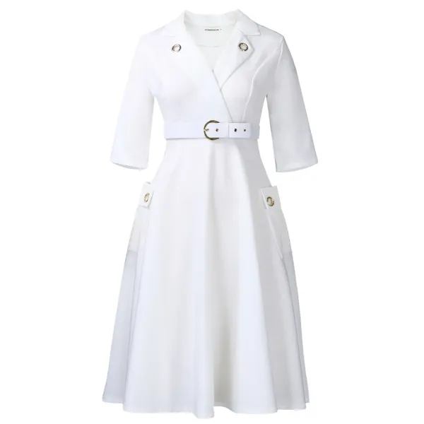 Design Trench-Style Wrap Dress in Navy with Belt - 66