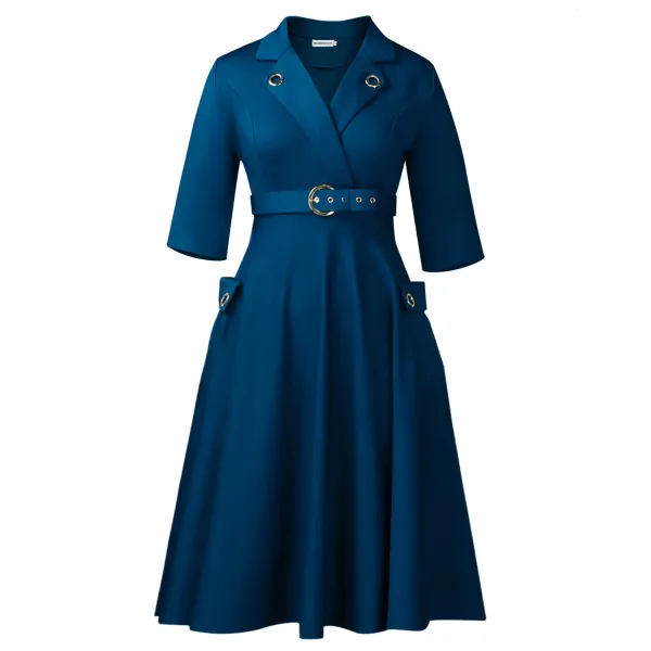 Design Trench-Style Wrap Dress in Navy with Belt - 77