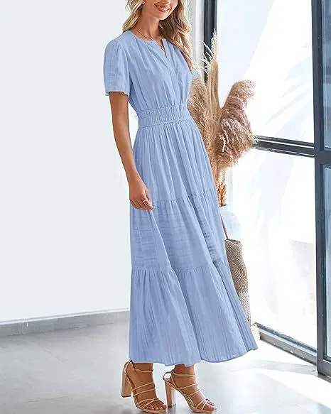 Design Tiered Smocked Waist Maxi Dress in Sky Blue - 50