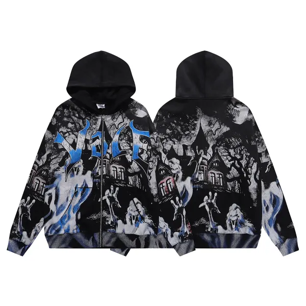 Design Vale Horror Print Zip-Up Hoodie Black - 1