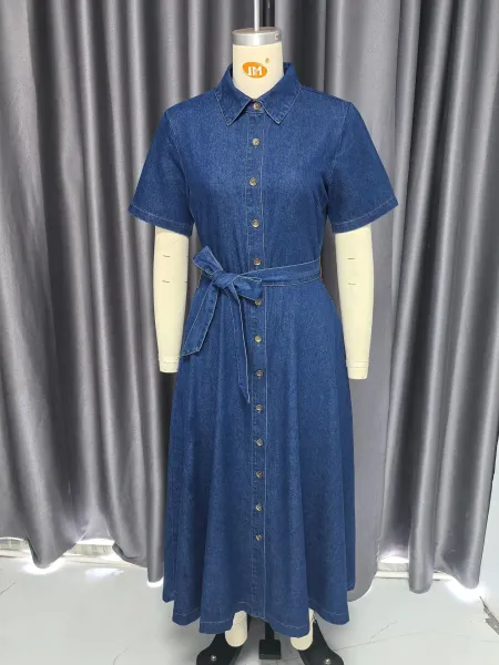 Design Denim Shirt Dress with Belted Waist in Deep Blue Dress - 10