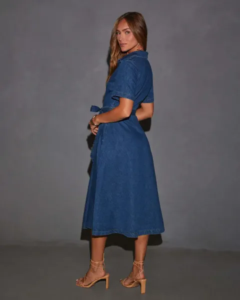 Design Denim Shirt Dress with Belted Waist in Deep Blue Dress - 21