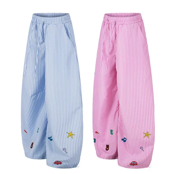 Design Wide-Leg Striped Pants with Embroidered Motifs Blue - 4